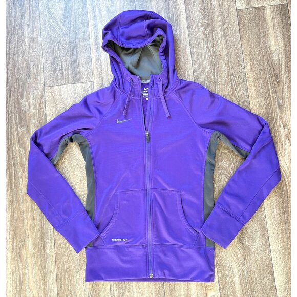 NIKE THERMA-FIT WOMENS FULL ZIP SWEATER HOODIE JACKET SIZE XS PURPLE BLACK - Picture 1 of 6